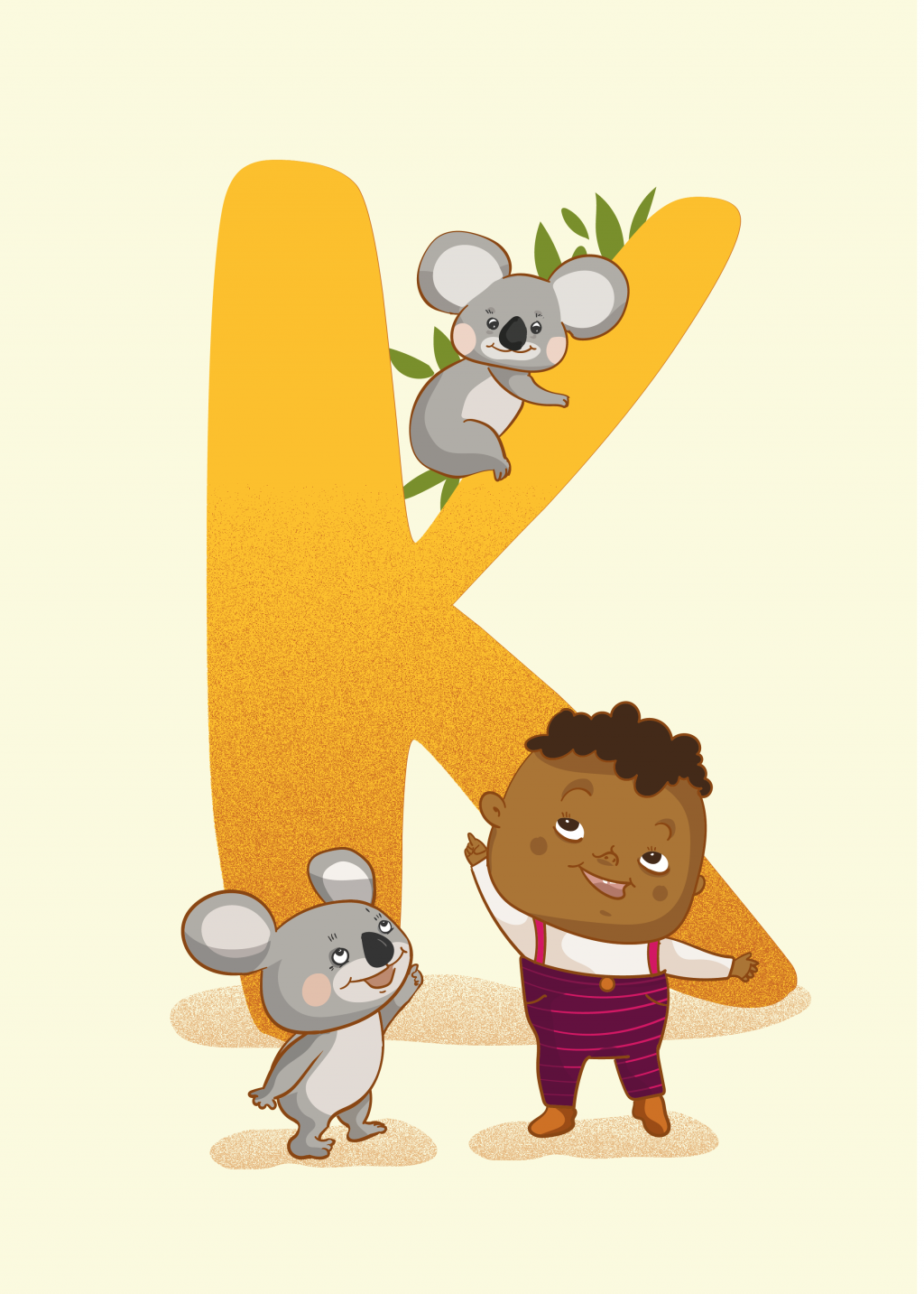 Gult stort K, två koala-björnar och en pojke som pekar uppåt med fingret.
